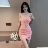 2025 Summer Women's Sexy Spicy Girl V-neck Low cut backless Fashion Tight Split Irregular Wrap buttocks Solid Color Dress SSMB